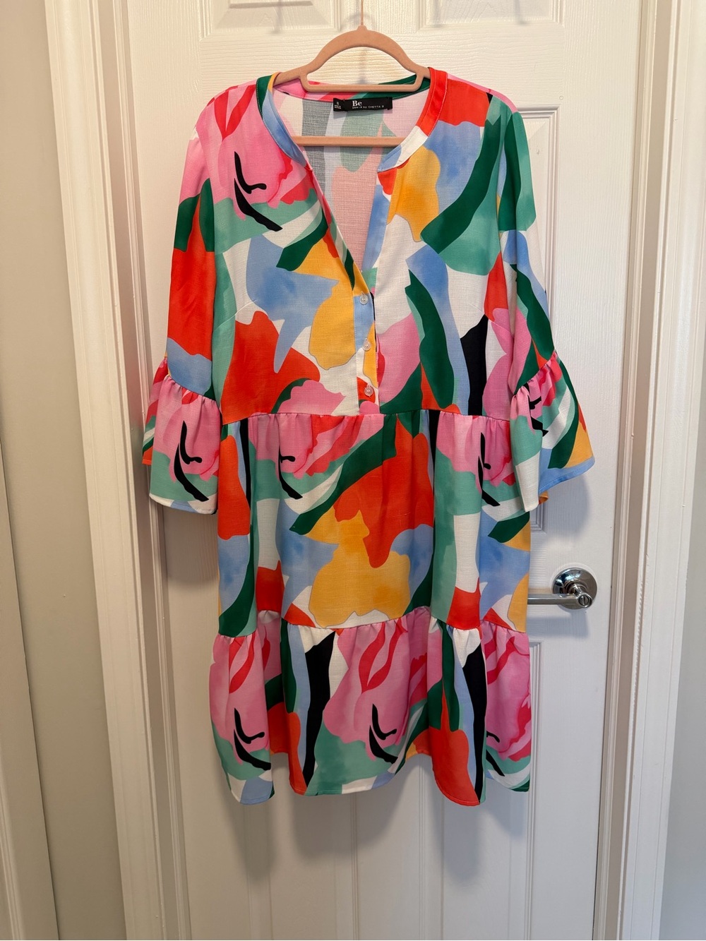 Be by Chetta B Bright Abstract Floral Tiered Midi Dress Bell Sleeve Size 16